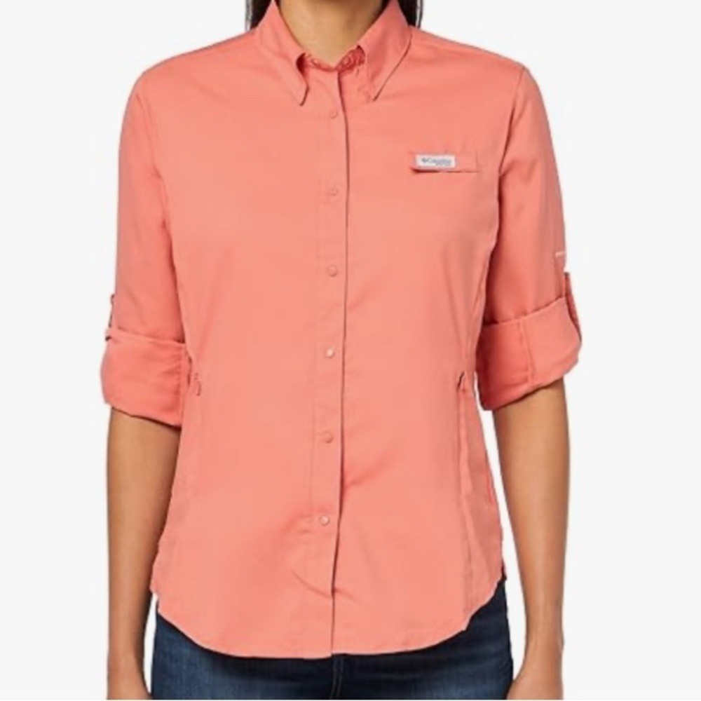 Columbia Women's 100% Cotton Mesh Lined Lightweight Fishing Shirt Peach XL EUC